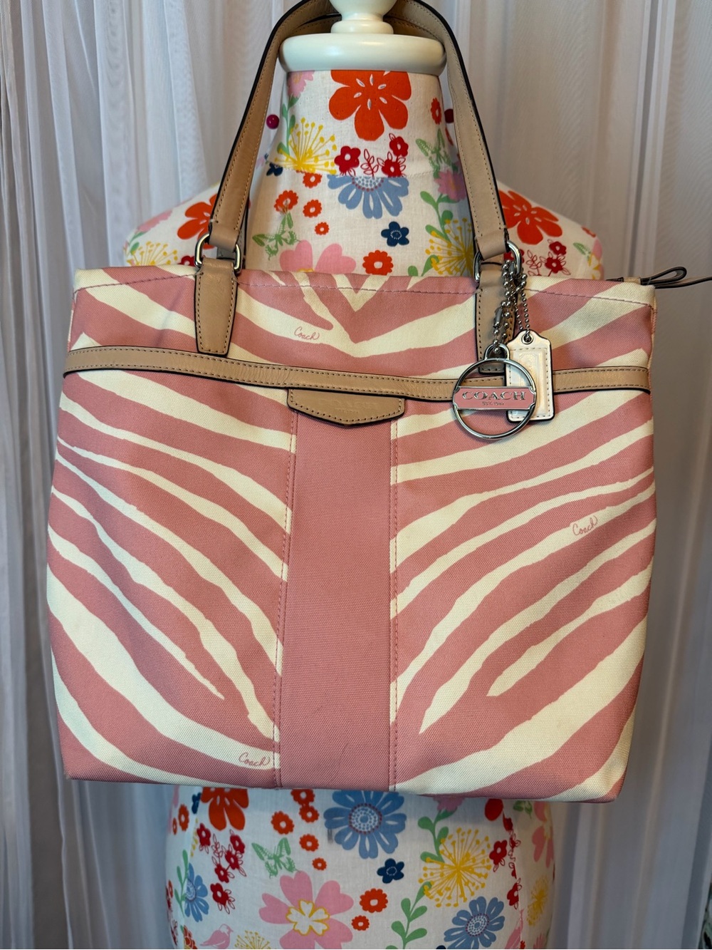 Coach Pink and Cream Zebra-Print Shoulder Tote with Tan Trim